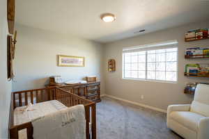 Bedroom featuring baseboards, visible vents, and carpet