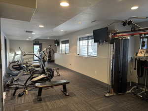 CLUB HOUSE: Gym featuring visible vents, carpet flooring, baseboards, and recessed lighting
