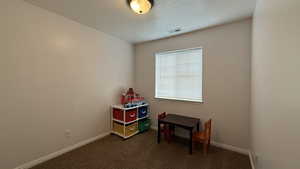 Rec room featuring baseboards, visible vents, a textured ceiling, and carpet flooring