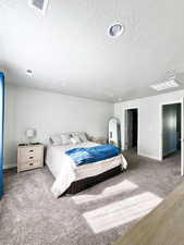 Carpeted bedroom featuring baseboards, a textured ceiling, and visible vents