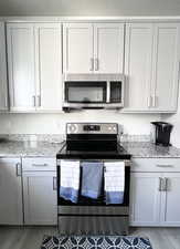Kitchen featuring light wood-style floors, light stone countertops, and stainless steel appliances