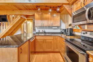 Kitchen with appliances with stainless steel finishes, a sink, light wood-style floors, a peninsula, and wood ceiling