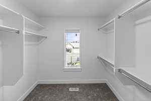 Walk in closet with visible vents and dark colored carpet
