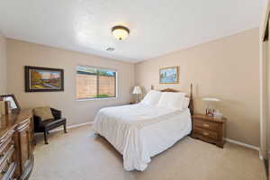 Bedroom featuring baseboards, light carpet, a textured ceiling, and visible vents