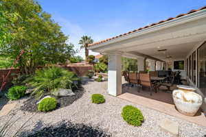 View of patio featuring a fenced backyard and outdoor dining space
