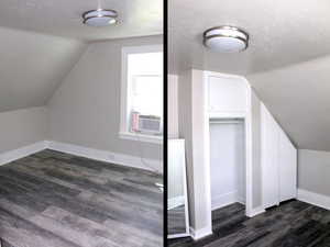 Bedroom #3 with built in storage, lofted ceiling, waterproof finished floors, a textured ceiling, and baseboards  in White Door unit 2.