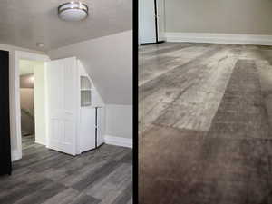 Bedroom # 2 featuring  waterproof finished floors, a textured ceiling, and baseboards  in White Door unit 2.