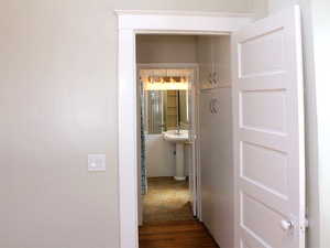 View from Bedroom #1 into hallway with view of the bathroom  in White Door unit 2.