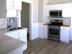 Kitchen with wainscoting, stainless steel appliances, and brand new finished floors in White door unit 2.
