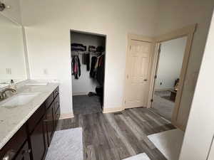 Bathroom featuring baseboards, vanity, wood finished floors, and a walk in closet