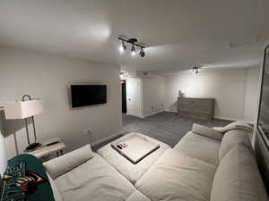 Carpeted living room featuring track lighting and baseboards