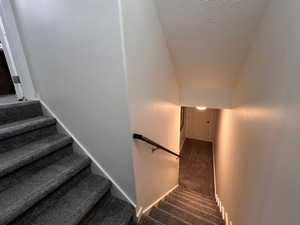 Stairs with baseboards, a textured ceiling, and carpet