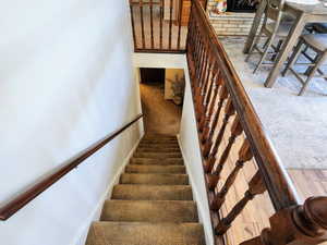 Staircase featuring carpet floors and a fireplace