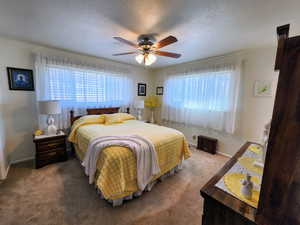Carpeted bedroom with baseboards, ceiling fan, and a textured ceiling
