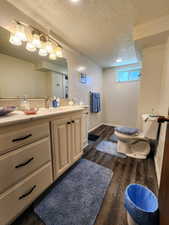 Bathroom with vanity, wood finished floors, toilet, baseboards, and a textured ceiling