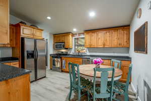 Kitchen with a sink, recessed lighting, stainless steel appliances, and light wood finished floors