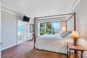 Carpeted bedroom with crown molding, baseboards, a textured ceiling, and connected bathroom