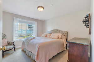 Bedroom with baseboards and light carpet