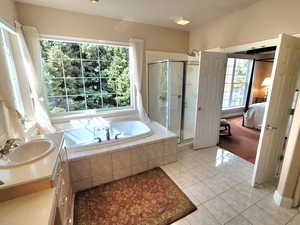Ensuite bathroom with tile patterned flooring, vanity, a shower stall, ensuite bathroom, and a bath