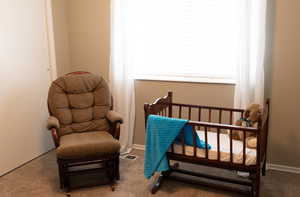 Carpeted bedroom featuring visible vents