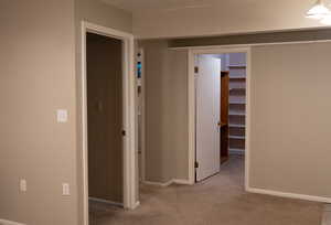 Corridor with carpet floors and baseboards