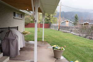 View of yard featuring a fenced backyard, a mountain view, and a patio area