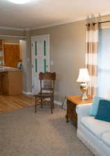 Living room with baseboards, ornamental molding, and light colored carpet