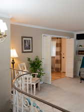 Living area featuring crown molding, carpet flooring, baseboards, and a chandelier