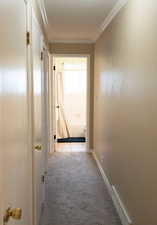 Corridor with light colored carpet, visible vents, and ornamental molding