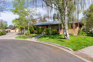 Single story home featuring aphalt driveway, a front lawn, and brick siding