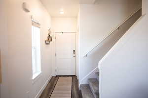 Doorway with dark wood-type flooring, baseboards, a wealth of natural light, and stairway