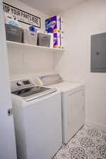 Laundry area with laundry area, baseboards, independent washer and dryer, and electric panel