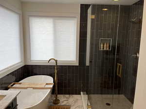 Bathroom with a freestanding tub, a shower stall, a wealth of natural light, and tile walls
