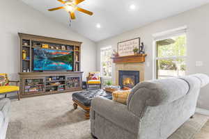 Soaring vaulted ceilings in several rooms plus fresh neutral paint and a gas fireplace