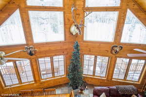 Living room featuring wooden walls