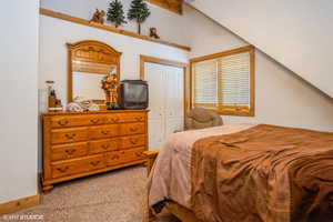 Bedroom featuring light colored carpet, lofted ceiling, and a closet