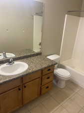 Full bathroom featuring vanity, tile patterned flooring, toilet, and bathing tub / shower combination