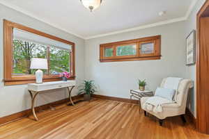 Living area with crown molding, baseboards, and light wood-style flooring