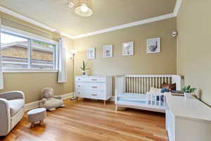 Bedroom featuring crown molding, a textured ceiling, baseboards, and light wood-style floors