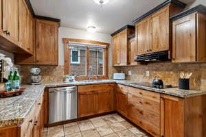 Kitchen featuring black electric stovetop, a sink, dishwasher, decorative backsplash, and under cabinet range hood