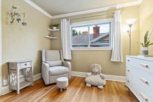 Sitting room featuring crown molding, baseboards, and light wood-type flooring