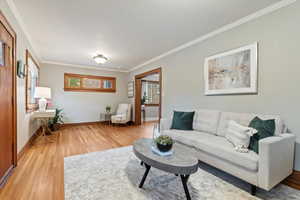 Living room featuring baseboards, ornamental molding, and light wood finished floors