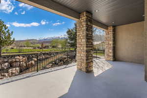 View of patio featuring a mountain view