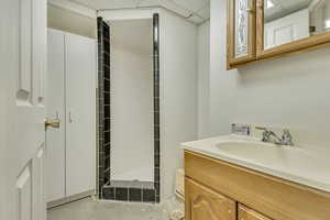 Bath featuring vanity, a stall shower