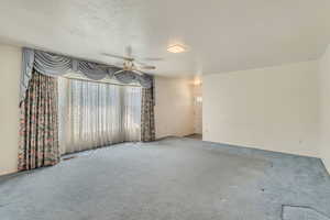 Family room with carpet flooring and a ceiling fan
