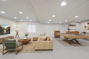 Recreation room featuring recessed lighting, pool table, and carpet