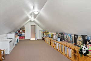 Recreation room with a textured ceiling, vaulted ceiling, and carpet floors