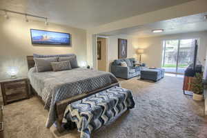 Carpeted Bedroom/Family room with track lighting, access to outside, a textured ceiling