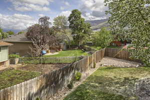 View of yard with a patio, a mountain view, and a fenced backyard