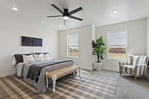 Bedroom with baseboards, a ceiling fan, carpet flooring, and recessed lighting